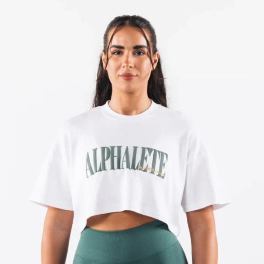 NWT Alphalete Athletics Women Short Sleeve White Crop Logo Tee Shirt Size XL